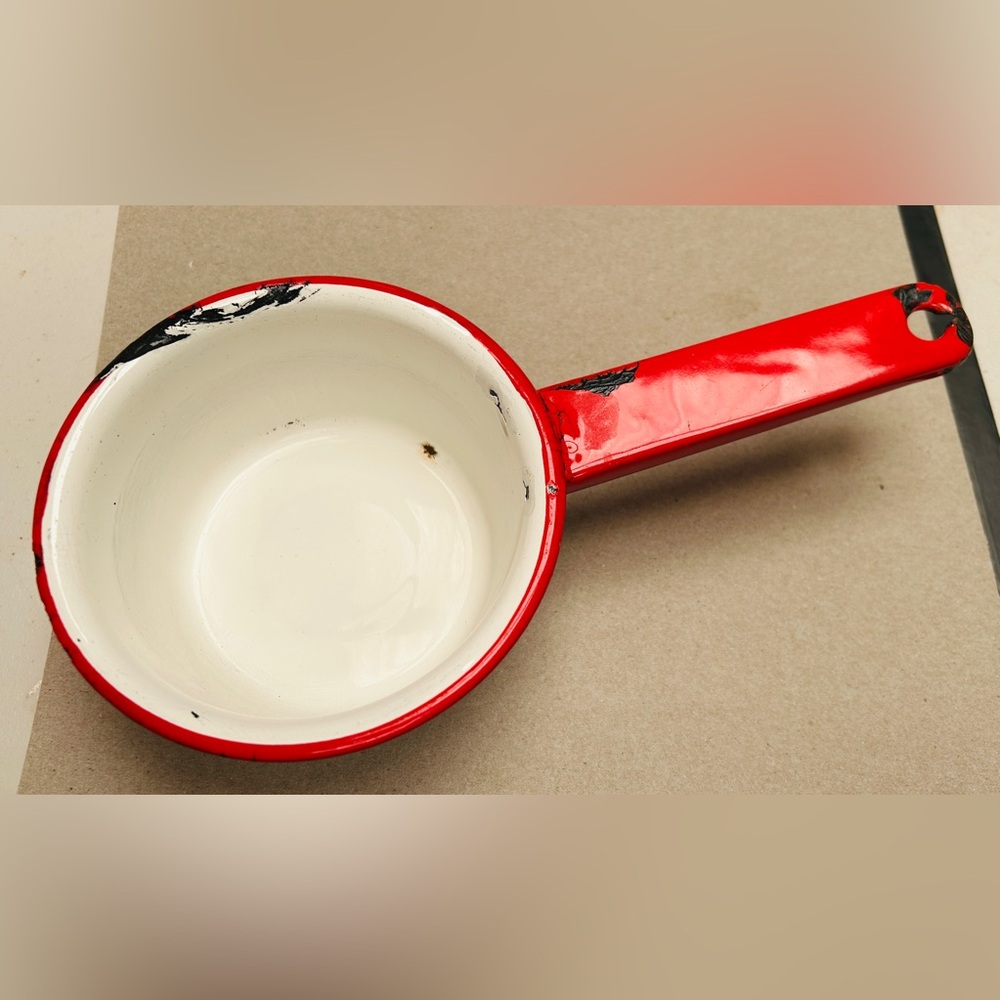 Vintage water dipper, white & red enamel.